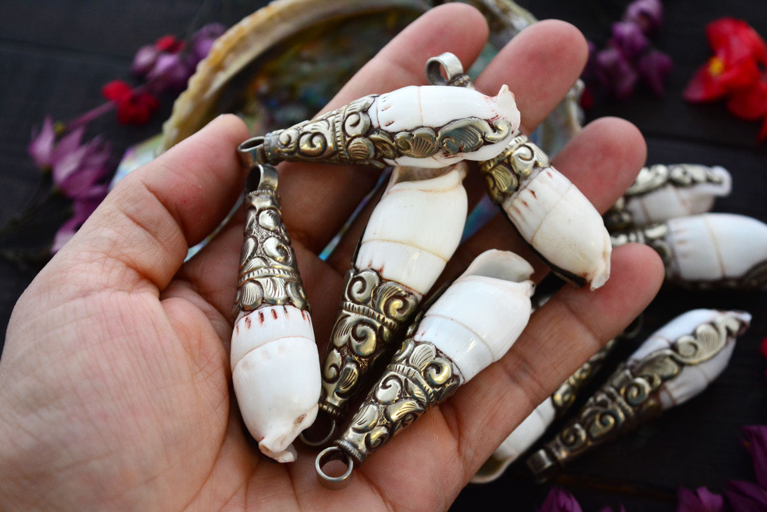 Drops in a Shell, 17x60mm, White Brass Seashell Nepali Pendant, One Pe –  Nature Beads